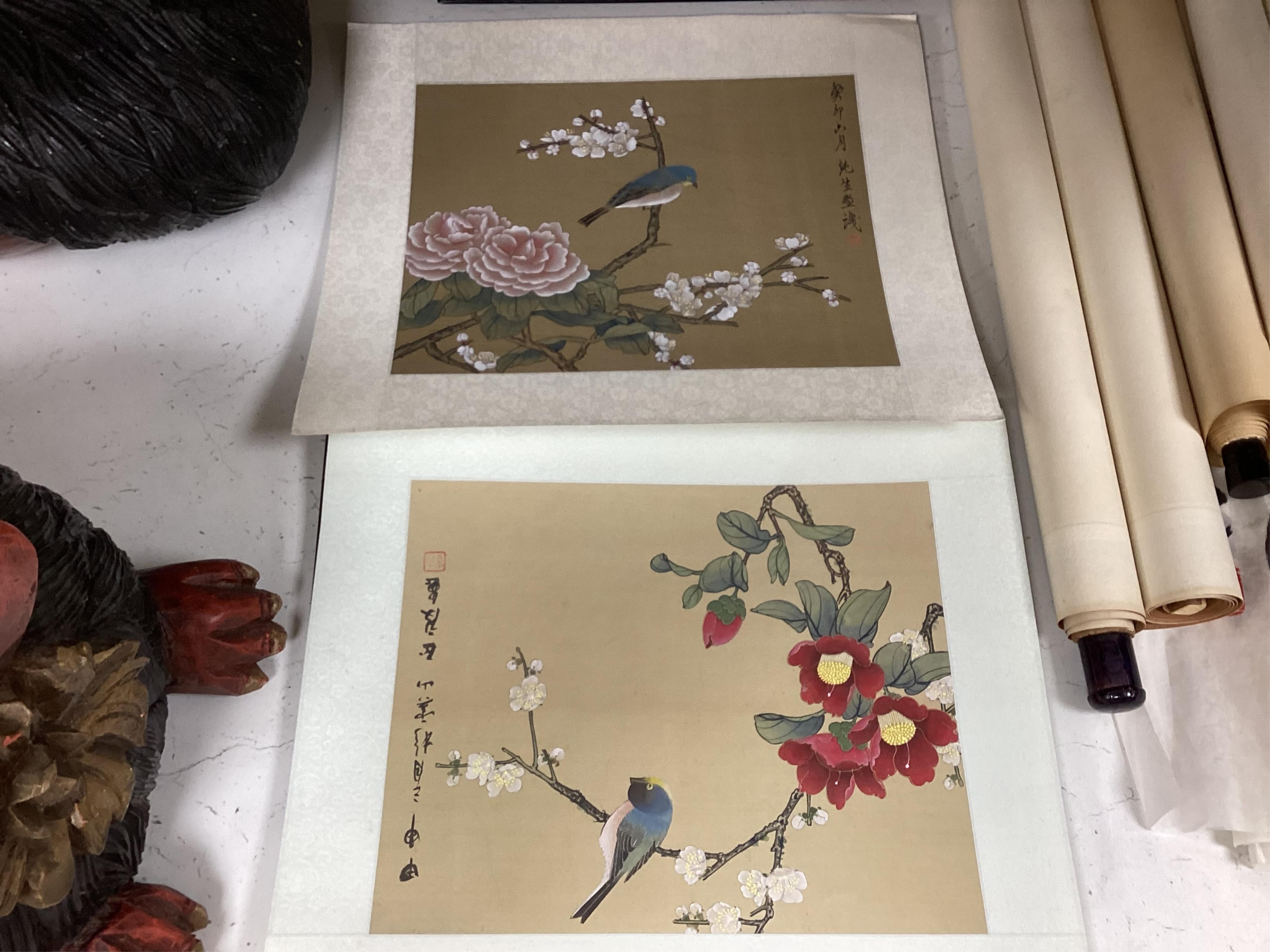 Four Japanese paintings on silk, and two woodblock prints, one after Shinsai, largest 30x25cm
